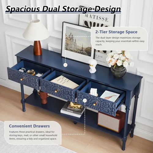 Miniatura 3 de weselon Mesa consola tallada de 55.5 pulgadas con 3 cajones, mesa de sofá de 2 niveles con superficie floral brillante y patas de madera maciza