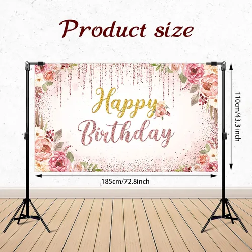 Miniatura 2 de Decoraciones de fondo de feliz cumpleaños para mujeres, suministros de fiesta, telón de fondo rosa, fotografía para niñas y niños, pancarta floral