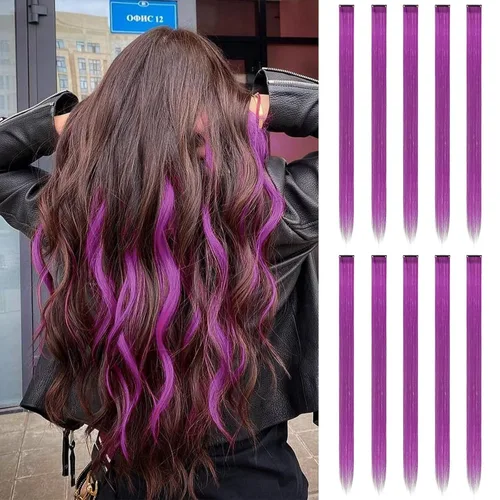 Miniatura 50 de FESHFEN Extensiones de cabello con clip de colores, 16 piezas de 8 colores resaltados, piezas de cabello sintético lacio con clip para mujer, 22