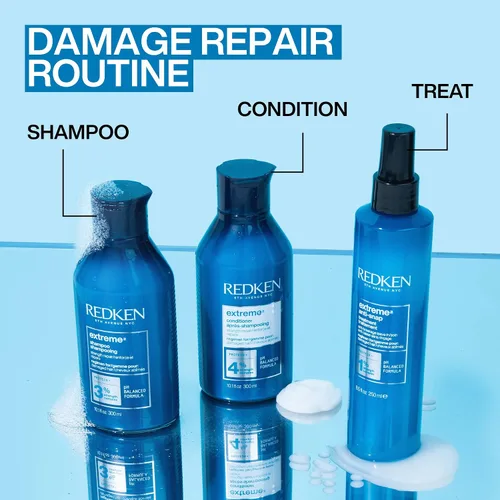 Miniatura 7 de Redken Juego de champú, acondicionador y tratamiento sin enjuague extremo para cabello dañado, repara y reduce la rotura, impregnado con proteínas