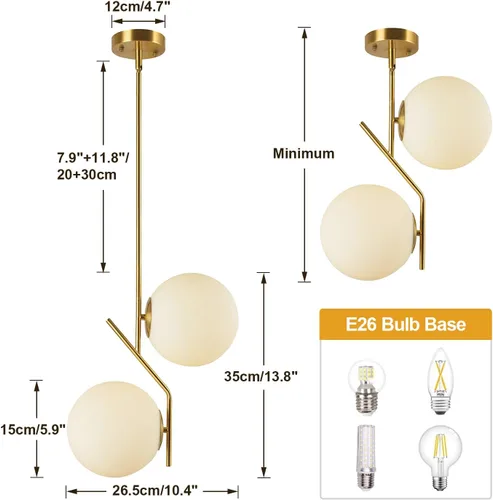 Miniatura 2 de BOKT Lámpara colgante de globo moderna de mediados de siglo con 2 luces minimalista de oro cepillado iluminación colgante de isla de cocina Lámpara