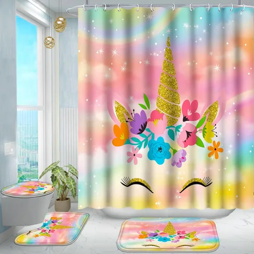 Miniatura 13 de Poedist Juego de 4 cortinas de ducha de baño, juegos de cortinas de baño para niños con alfombras