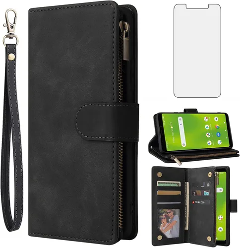Asuwish Compatible con AT&T Calypso 3 U328AA - Funda tipo cartera de vidrio templado con protector de pantalla y tapa de cuero, soporte para Negro