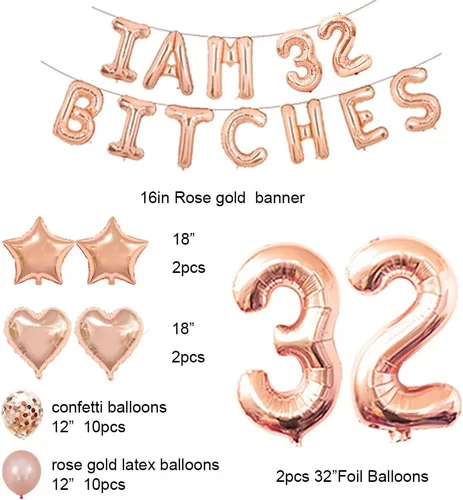 Miniatura 2 de Juego de fiesta de cumpleaños número 32, con texto en inglés "I am 32 Bitches" (Soy 32 Bitches), globos de confeti de oro rosa para niñas de 32 años