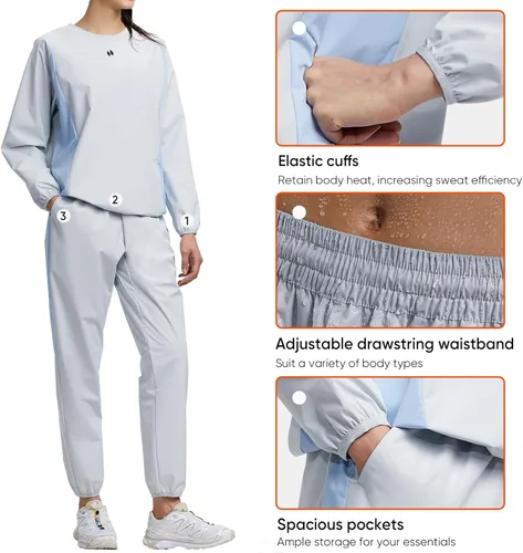 Miniatura 5 de HOTSUIT Traje de sauna para mujer, duradero, gimnasio, entrenamiento, sauna, chaqueta, pantalones, trajes de sudor Chaqueta y pantalón blanco