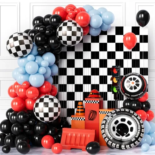 Kit de arco de guirnalda de globos de auto de carreras, 128 piezas, globos rojos, azules, negros, negros, fondo de borla a cuadros y globo de