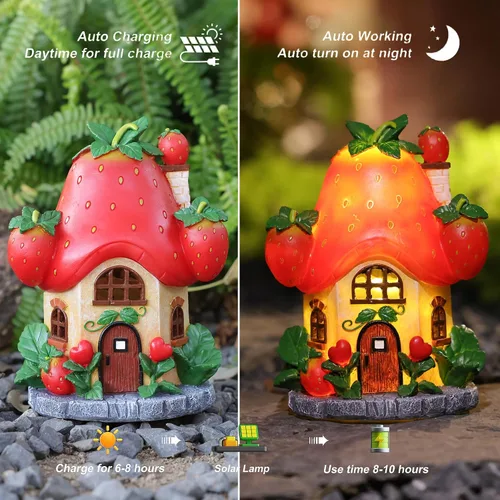 Miniatura 3 de Casas solares de jardín de hadas, decoración de hadas para exteriores, casas de fresa con luz solar para patio, balcón, patio, adorno de césped