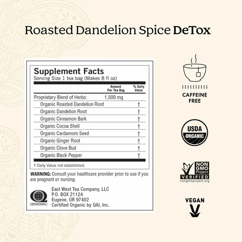 Miniatura 3 de Yogi Destox de especias de diente de león tostado con té, 16 bolsas por paquete (4 paquetes), té orgánico DeTox, incluye raíz de diente de león