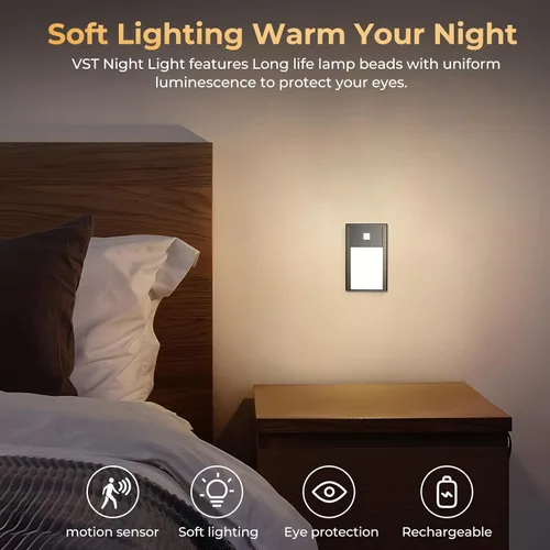 Miniatura 2 de VST Luces nocturnas con sensor de movimiento, luces de escalera recargables con instalación de succión magnética para interiores, dormitorio, Negro