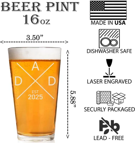 Vaso de cerveza Dad Est 2025 – Anuncios de embarazo para la familia – Pinta de cerveza de 16 onzas para futuro padre – Regalos para papá – Divertido