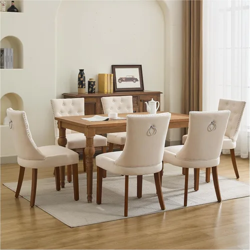 Miniatura 7 de Juego de 4 sillas de comedor tapizadas copetudas, sillas laterales de tela para comedor con cabeza de clavo en la parte trasera y patas de madera