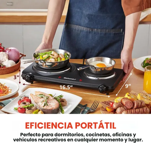 Miniatura 2 de Elite Gourmet EDB-302BF# Quemador doble de hierro fundido para encimera, placa caliente eléctrica de 1500 vatios, controles de temperatura, luces