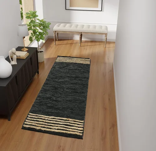 Miniatura 6 de GRUHUM Alfombra de pasillo de yute 2'6" x 8' pies, fibra natural, negra, rectangular, de yute, cuero, tejida a mano, estilo bohemio, para casa