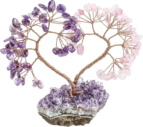 Miniatura 4 de TUMBEELLUWA Árbol de dinero con piedras de cristal con base de racimo de amatista natural, hecho a mano, figura de amor, árbol bonsái para buena