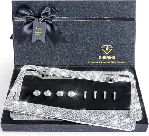 Miniatura 10 de Shering Marco de matrícula brillante, paquete de 2 marcos de matrícula con caja de regalo de primera calidad para mujeres, marcos de matrícula
