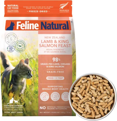 Miniatura 8 de Alimento para gatos seco de alta proteína de Feline Natural, dieta liofilizada con 98% carne, órganos y mariscos, sin guisantes, granos o aditivos