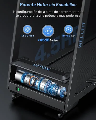Miniatura 6 de WELLFIT - Cinta de correr inclinada automática, 15% de inclinación resistente, para el hogar 4.5HP, 10 MPH, 500 lbs Capacity, 20'' x 55'' Running