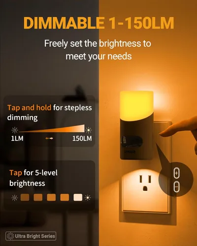 Miniatura 2 de LyrIDZ - Luz nocturna ámbar con sensor de movimiento, luz nocturna enchufable regulable de 1 a 150 lm para interior, para dormitorio, baño, pasillo