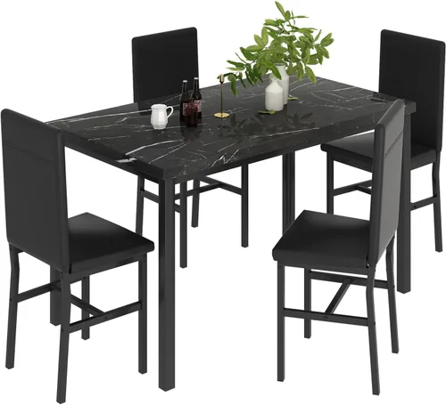 Juego de mesa de comedor para 4, juego de comedor de mármol sintético de 5 piezas, 4 sillas tapizadas de poliuretano, muebles de mesa de cocina Negro