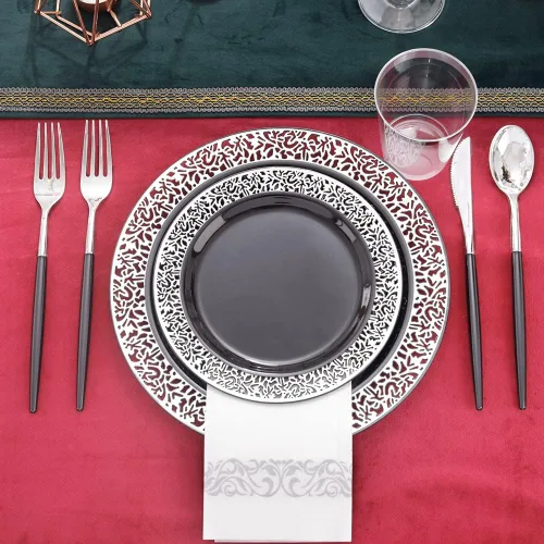 Miniatura 6 de LIYH 350 platos de plástico negro y plateado, juego de vajilla de plástico plateado, cubiertos desechables, platos negros con servilletas, 350