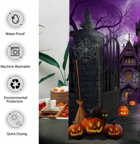 Miniatura 4 de Allenjoy Cortina de ducha de Halloween de 72 x 72 pulgadas para baño, juego de cortina de ducha de noche aterradora, luna gótica, casa encantada