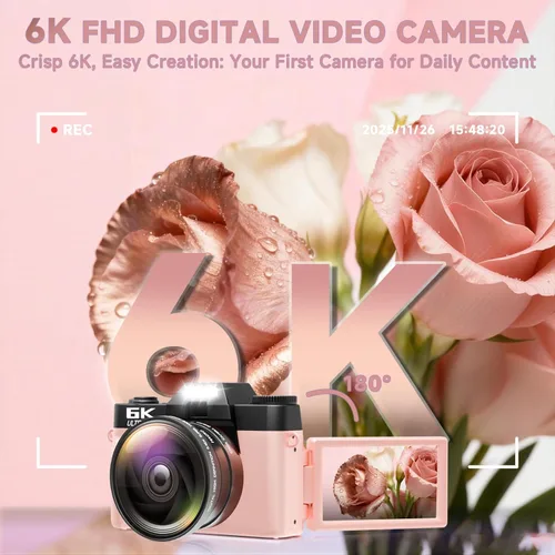 Miniatura 2 de Cámara digital 6K para fotografía con enfoque automático, cámara de videoblogs WiFi de 64MP para YouTube con pantalla giratoria de 3" 180°, zoom Rosa