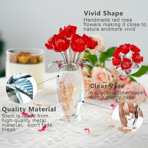Miniatura 3 de Figura de flor de rosa de cristal rojo con base, ramo de flores de cristal, regalos para mujeres, novia, esposa, flores de cristal hechas a mano
