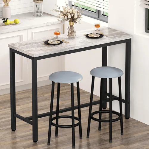 AWQM Juego de 2 mesas de bar de 39.3", mesa de altura de pub de mármol sintético y juego de 2 sillas con taburetes tapizados, juego de mesa de bar y