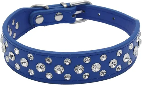 Dogs Kingdom Collares de piel con diamantes de imitación personalizados de 12 a 20 pulgadas de longitud, para razas pequeñas y medianas, color azul