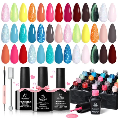 Miniatura 24 de beetles Gel Polish Juego de esmaltes de uñas de gel de 16 colores, blanco, marrón oscuro, rosa, colores nude, esmalte de uñas natural con 3 piezas