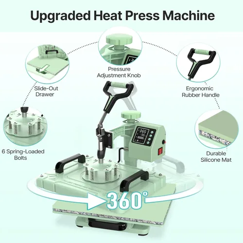 Miniatura 4 de Máquina de prensa de calor Slendor 12x15 pulgadas, máquina de prensado digital de 360 grados 5 en 1 para camisetas, tazas, sombreros, placas