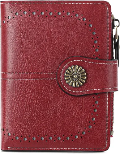 Miniatura 15 de Cartera pequeña para mujer, de piel, plegable, compacta, con bloqueo RFID, con bolsillo con cremallera para monedas, A01 Rojo Vino, Classic