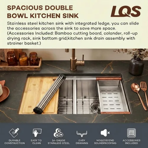 Miniatura 3 de LQS Fregadero de cocina de doble tazón para muchas ollas y sartenes, fregaderos de cocina de acero inoxidable para montaje bajo y caída
