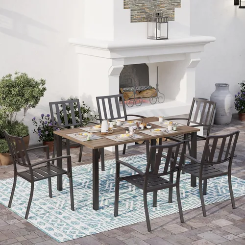 Miniatura 4 de SUNSHINE VALLEY Juego de 7 sillas de comedor para patio, material metálico, 6 sillas de comedor de color teca rectangular con agujero para sombrilla