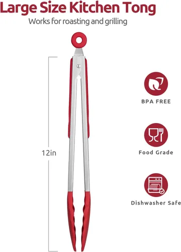 Miniatura 2 de Pinzas de cocina resistentes al calor de 600ºF: U-Taste de 12 pulgadas, pinza grande de silicona para cocina con puntas de goma antiadherente Rojo