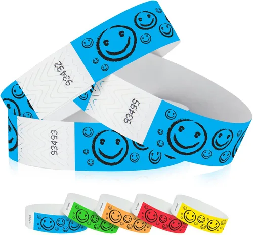 Miniatura 5 de 200 pulseras Tyvek de Wristco con cara sonriente amarilla para eventos, ¾ x 10 pulgadas, impermeables, reciclables, cómodas, resistentes a Amarillo