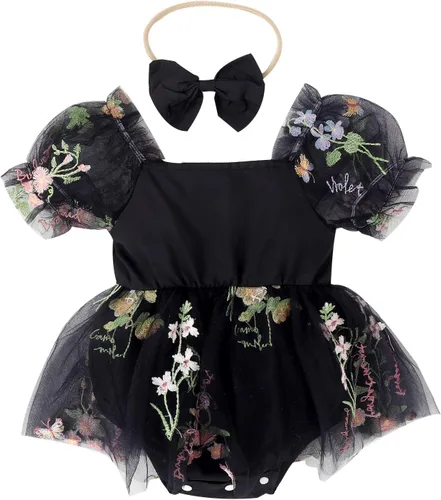 Miniatura 8 de IDOPIP Conjunto de 2 piezas para bebé recién nacido, con diadema, bordado de flores, tutú, princesa, fiesta de cumpleaños, conjunto de ropa