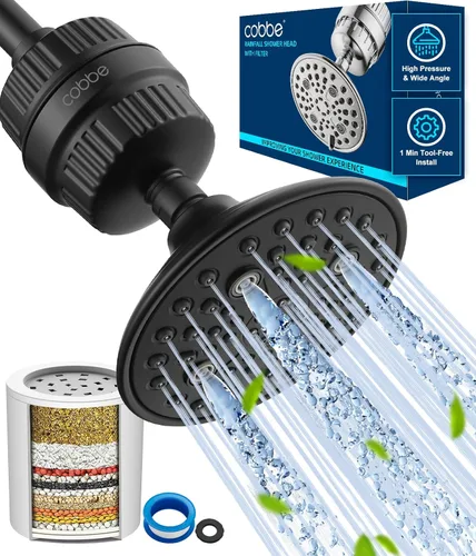 Cobbe - Juego de cabezal de ducha de alta presión con 6 ajustes, filtrado, desmontable con ducha de lluvia y filtro de 20 etapas para agua dura -