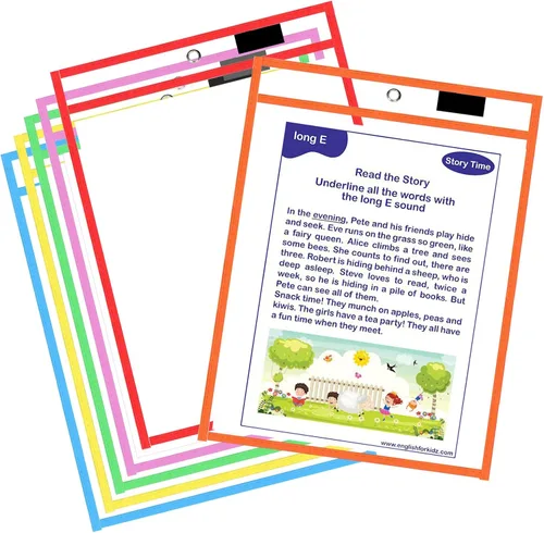 Ufamrine - 6 fundas coloridas con bolsillos de borrado en seco, para boletos de trabajo (10 x 13 pulgadas), fundas de plástico reutilizables para el