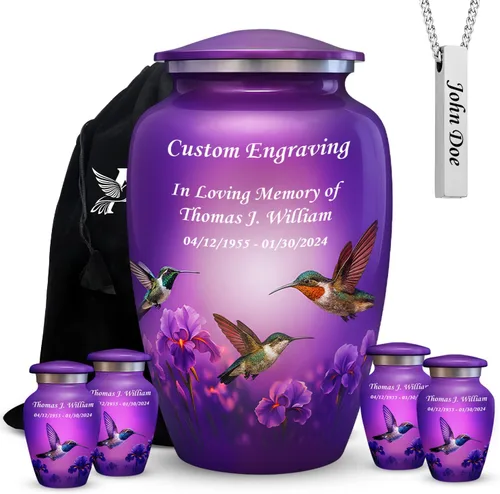 Miniatura 11 de Juego de 6 urnas funerarias decorativas de colibrí para cenizas de adultos hombres y mujeres, incluye 1 urna grande con 4 urnas conmemorativas