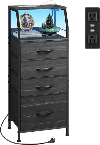 Miniatura 13 de WLIVE Mesita de noche con estación de carga, mesita de noche LED con 4 cajones de tela y estante de almacenamiento, cómoda alta para dormitorio