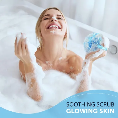 Miniatura 2 de SHOWER BOUQUET Juego de esponja de baño de esponja de baño azul+rosa/ 2 pliegues en 1/ Puf grande de 2.12 oz paquete de 4 unidades Body Luffa