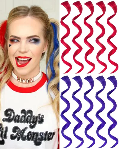 Miniatura 18 de 10 extensiones de cabello sintético rizado y ondulado negro con clip, reflejos de fiesta de neón arcoíris, accesorios de cabello coloridos