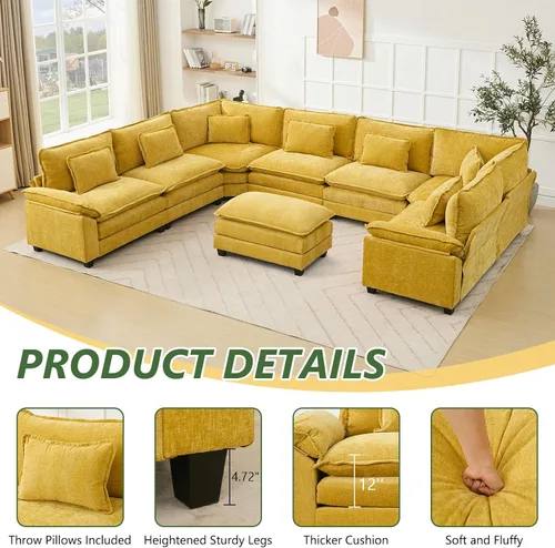 Miniatura 8 de Juego de sofá seccional modular de gran tamaño, sofá de nube convertible de asiento profundo, sofá esquinero grande en forma de L con cojines Beige