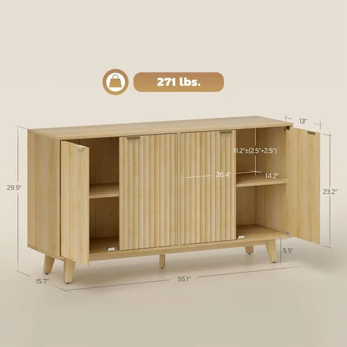 Miniatura 3 de HOMCOM Aparador de buffet con almacenamiento, mesa de buffet moderna acanalada de 55 pulgadas, gabinete de consola de barra de café con 2 estantes