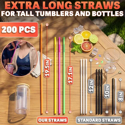 Miniatura 2 de 200 popotes extralargos desechables de 17.1 a 19.5 pulgadas, 0.32 pulgadas de diámetro, popotes de plástico flexible superlargos, elásticos