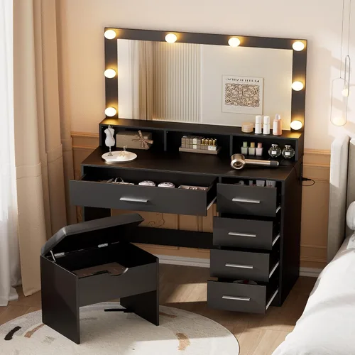 Miniatura 3 de ERLEJIA Escritorio de tocador con espejo y luces, mesa de maquillaje de espejo grande de 35.43 pulgadas con taburete, 5 cajones para dormitorio