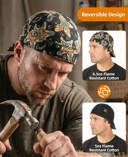 Miniatura 3 de BOCOMAL Gorro de Soldadura Resistente al Fuego CAT2 de Peso Medio con Estampado, Gorras de Soldador de 6 Paneles - Juego de 2