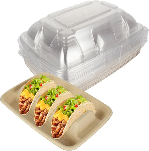 Paquete de 50 soportes desechables para tacos con tapa para fiestas, platos de tacos de papel premium con divisores, soportes de bandeja de tacos