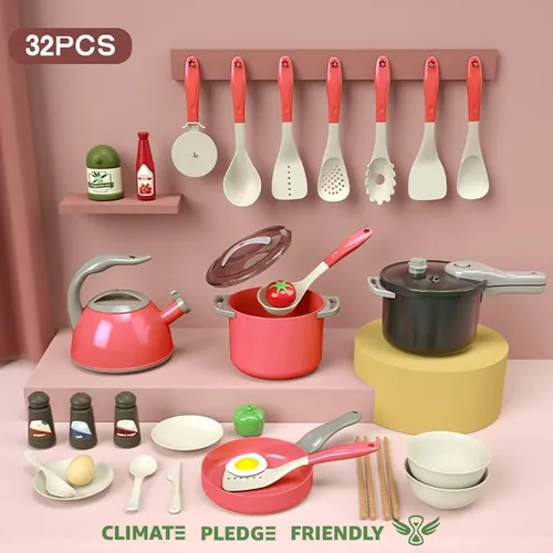 Miniatura 2 de Bruvoalon Juego de 32 juguetes de cocina para niños, accesorios de cocina con ollas, sartenes, utensilios de cocina, alimentos, verduras enlatadas